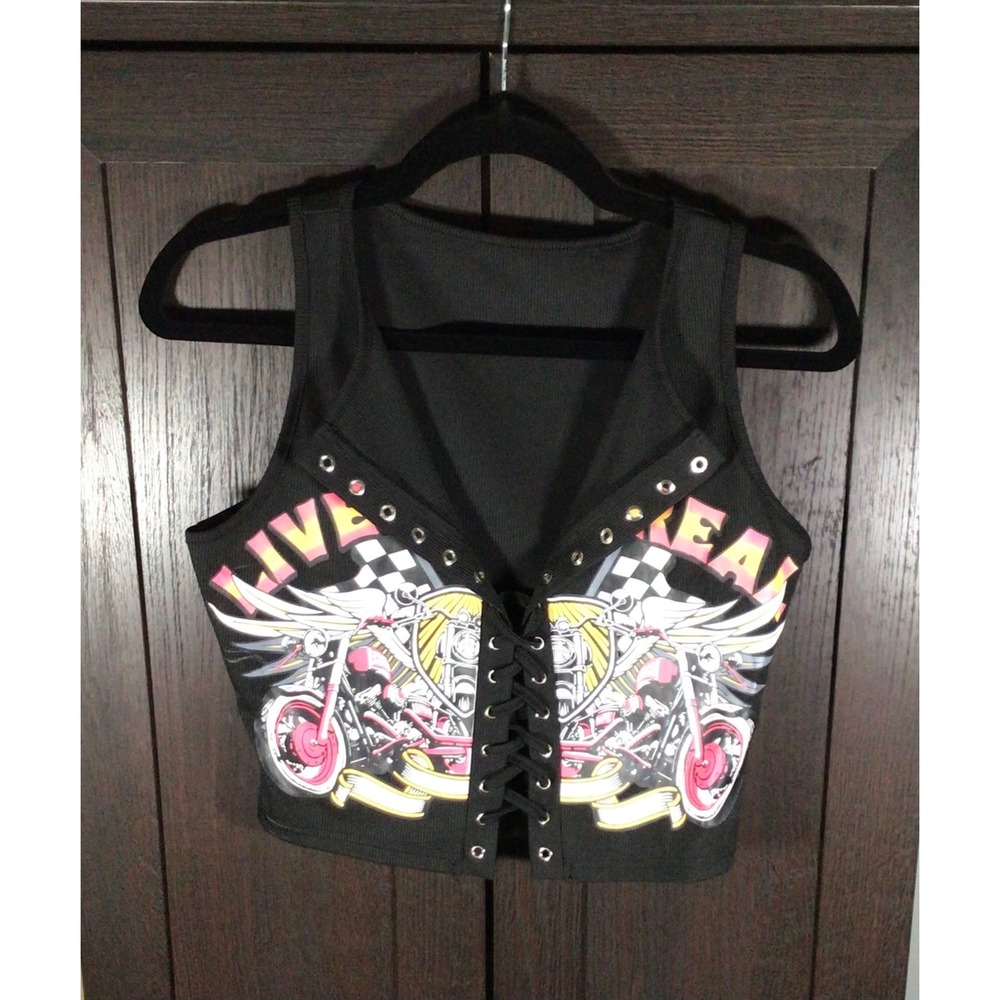 Y2K Biker Moto Graphic Lace Up Corset Crop Tank Top Grunge Alt Size M